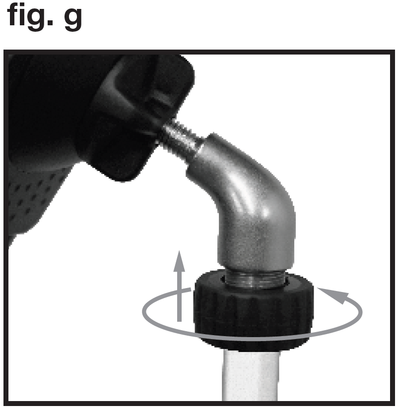An instructional photo labeled "fig. g" in the top-left corner demonstrates securing and locking the microphone adapter in place:  Locking Action:  A circular grey arrow wrapping around the black locking ring indicates rotating it counterclockwise.  A vertical grey arrow pointing upward on the left side shows the ring moving up the threads to press firmly against the bottom of the metallic elbow adapter.  Secured Assembly: Tightening the ring upward against the adapter locks the joint in place, preventing the microphone clip from loosening or spinning during use.
