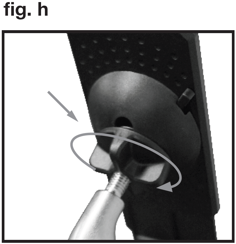 An instructional photo labeled "fig. h" in the top-left corner demonstrates attaching and securing an equipment holder or tray to the mounting arm:  Mounting Point: The threaded stud extending from the metallic adapter is inserted into the rear mounting socket of a black plastic holder/plate.  Tightening Mechanism:  A straight grey arrow points directly at the black three-pronged wing knob located on the back of the bracket.  A circular grey arrow wrapping around the knob indicates turning it clockwise to lock the holder firmly onto the threaded mount at the desired angle.
