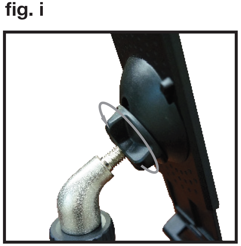 An instructional photo labeled "fig. i" in the top-left corner illustrates adjusting or loosening the viewing angle of the mounted device holder:  Assembly View: Shows the fully assembled connection between the curved metallic elbow adapter and the rear mounting hub of the black plastic equipment holder.  Adjustment Mechanism: A circular grey arrow wrapping around the rear wing knob indicates rotating it counterclockwise to loosen the tension, allowing the device holder to be swiveled, tilted, or removed from the threaded stud.
