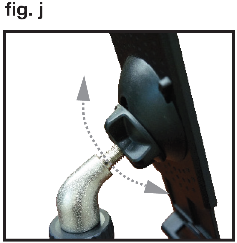 An instructional photo labeled "fig. j" in the top-left corner demonstrates adjusting the vertical tilt angle of the mounted equipment holder:  Pivot Mechanism: The black plastic device holder is attached via a socket to the threaded neck of the metallic elbow adapter.  Angle Adjustment: A double-ended curved dashed arrow with arrowhead tips pointing up and down indicates pivoting the device holder forward or backward to achieve the desired viewing angle once the locking knob is loosened.