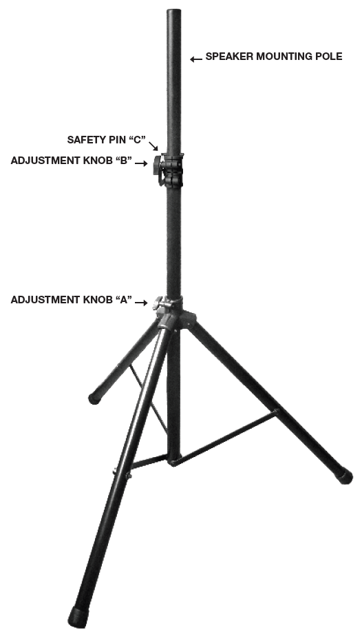 A black-and-white labeled product diagram of a standard tripod speaker stand against a plain background:  Speaker Mounting Pole: An arrow at the top right points to the upper telescoping section labeled "SPEAKER MOUNTING POLE".  Safety Pin "C": An arrow near the center joint points to the metal safety lock pin inserted into the pole, labeled "SAFETY PIN 'C'".  Adjustment Knob "B": An arrow points to the tightening knob located on the central height collar, labeled "ADJUSTMENT KNOB 'B'".  Adjustment Knob "A": An arrow near the base points to the tightening knob on the leg bracket collar, labeled "ADJUSTMENT KNOB 'A'".