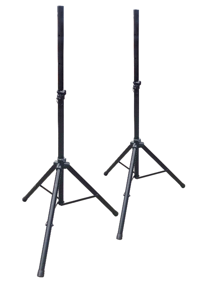 A product photo of two matching black metal tripod speaker stands isolated on a white background:  Structure: Each stand features a three-legged tripod base with rubber foot caps, a central vertical pole, and a telescoping upper extension pole.  Hardware: Both stands are equipped with height-adjustment tightening knobs, safety locking pins attached via lanyards, and bracing bars connecting the tripod legs to the main center shaft.