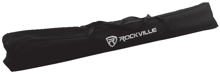 A product photograph of a soft-sided equipment transport bag against a white background:  Design & Form: An elongated, rectangular padded carrying case made of durable black nylon or canvas fabric, oriented diagonally across the frame.  Features: Equipped with black webbed nylon carry handles at the center top.  Branding: The Rockville shield logo and "ROCKVILLE" brand name are printed in white text on the front side panel.