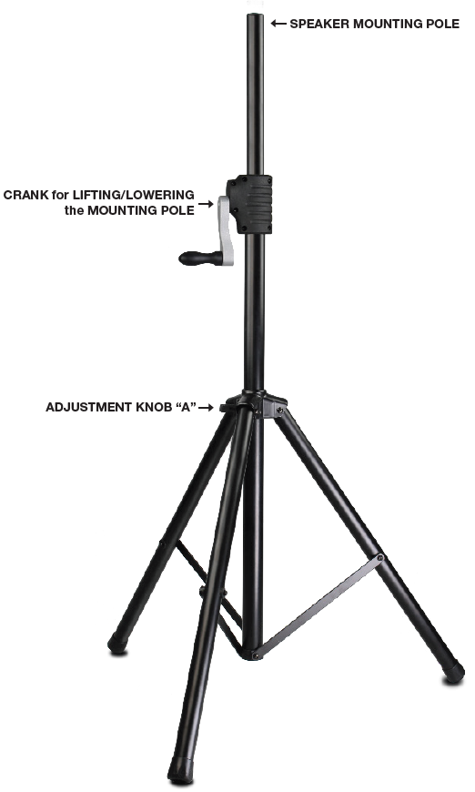 A labeled product diagram of a black hand-crank speaker stand against a white background:  Speaker Mounting Pole: An arrow at the top right points to the upper vertical pole labeled "SPEAKER MOUNTING POLE".  Height Adjustment Crank: An arrow on the left points to the silver hand crank with a black handle attached to the central collar, labeled "CRANK for LIFTING/LOWERING the MOUNTING POLE".  Tripod Base Adjustment Knob: An arrow pointing to the collar at the junction of the three tripod legs is labeled "ADJUSTMENT KNOB 'A'".