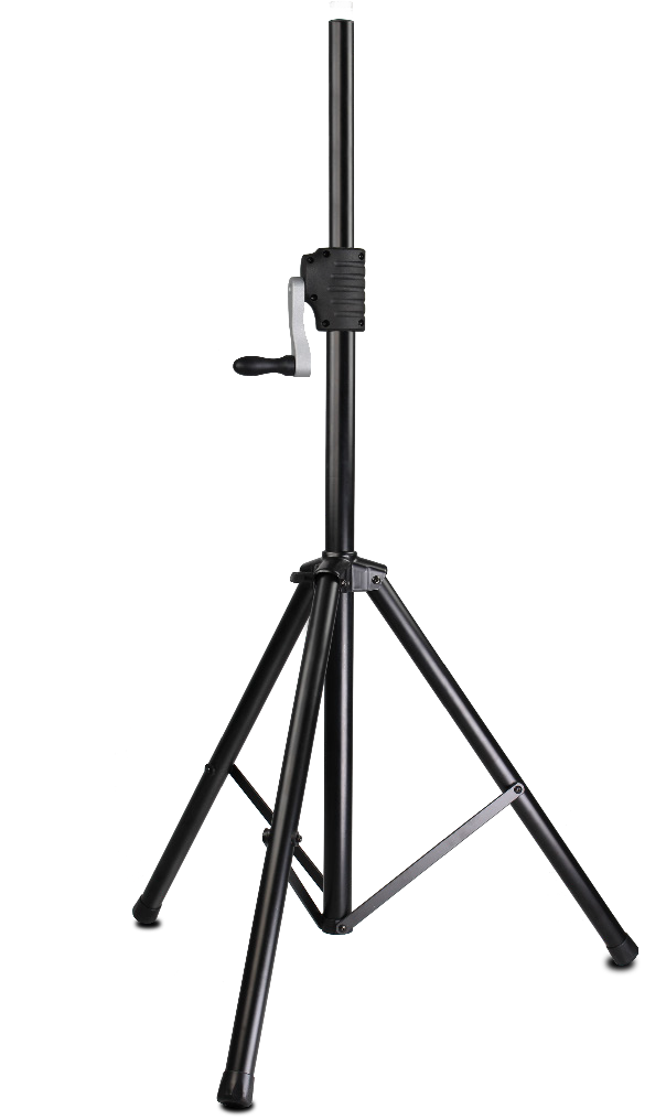 A studio photograph of a foldable tripod stand against a plain white background:  Structure & Base: A black aluminum three-legged tripod base with rubber foot caps and cross-bracing struts for stability.  Elevating Shaft: A central vertical pole equipped with a hand-crank mechanism mid-shaft, featuring a silver crank handle with a black rotating grip for raising and lowering heavy equipment.  Top Extension: A smooth cylindrical extension pole terminating at the top with a protective cap or adapter insert.
