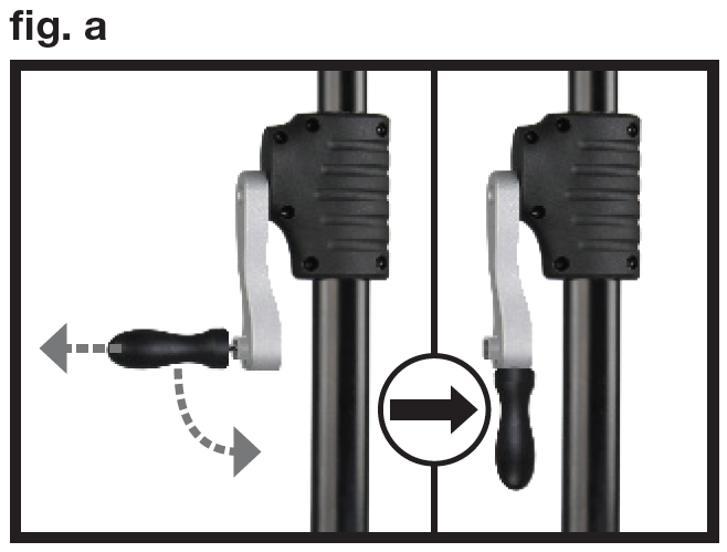 A two-panel instructional diagram labeled fig. a at the top-left, illustrating how to collapse the hand crank on a speaker stand:Left Panel (In-Use Position):The silver crank arm is attached to the central gear housing on the pole with the black handle extended outward horizontally at a right angle ($90^\circ$).Motion Indicators: A dashed arrow points outward from the tip of the handle, indicating to pull the handle outward. A curved dashed arrow points downward, showing the direction to rotate/fold the handle down.Right Panel (Folded/Storage Position):An arrow inside a circle points from the left panel to the right panel.The black handle is shown fully collapsed and hanging vertically downwards, parallel to the silver crank arm and vertical support pole for compact storage.