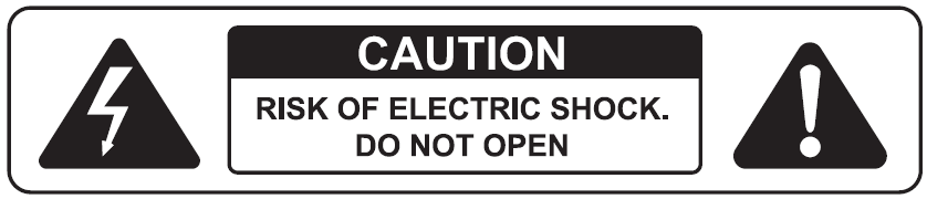 A standard electrical safety warning label enclosed in a rounded rectangular border:  Left Icon: A black triangle containing a white lightning bolt symbol indicating high-voltage electrical hazard.  Center Text Box: A central box with a black top banner reading "CAUTION" in white uppercase text. The white lower box reads "RISK OF ELECTRIC SHOCK. DO NOT OPEN" in black uppercase text.  Right Icon: A black triangle containing a white exclamation point symbol indicating a general safety hazard alert.