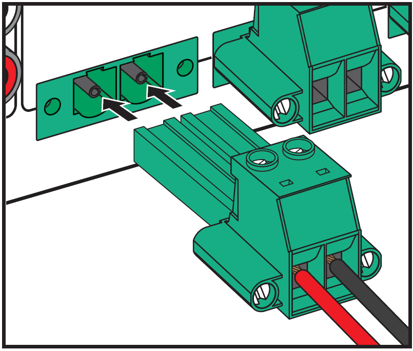 A technical diagram illustrating how to plug a wired Euroblock/Phoenix terminal connector into an audio device socket:  Wired Connector: In the foreground, a green 2-pin Euroblock connector has red and black speaker wires connected and secured in its front entry ports.  Socket & Insertion Direction: Black arrows point toward two pin receptacles on a green socket mounted on the rear panel of the audio equipment, indicating the alignment and direction to push the connector firmly into place.