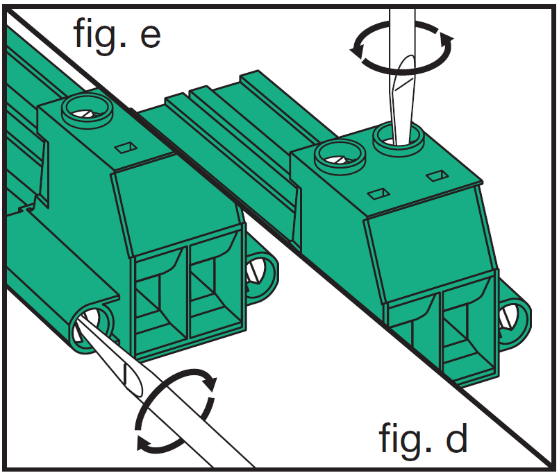 A split technical diagram divided diagonally, demonstrating how to operate the screw terminals on a green removable Euroblock/Phoenix speaker connector:  fig. d (Top Wire-Clamping Screws):  View: Shows the top and front entry ports of the green terminal block.  Action: A flathead screwdriver tip is inserted vertically into one of the top screw holes, with a circular two-way arrow indicating turning the screw to tighten or loosen the wire clamp.  fig. e (Side Mounting Screws):  View: Shows the side mounting flange of the green terminal connector block.  Action: A flathead screwdriver is inserted horizontally into the side mounting screw hole, with a circular arrow indicating turning the screw to secure or release the connector from the speaker's socket housing.