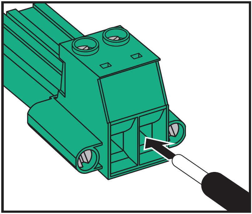 A technical diagram illustrating wire insertion into a 2-pin green Euroblock/Phoenix terminal connector block:  Terminal Connector: A green plastic terminal block featuring two top screw-access holes, two side locking screws on mounting ears, and two rectangular wire entry ports on the front face.  Wire Insertion: A wire conductor (shown in white with a black insulated handle/sleeve) is aligned horizontally with an arrow pointing directly into the right-hand front entry slot, indicating where the stripped wire lead should be fully inserted before tightening the top terminal screw.