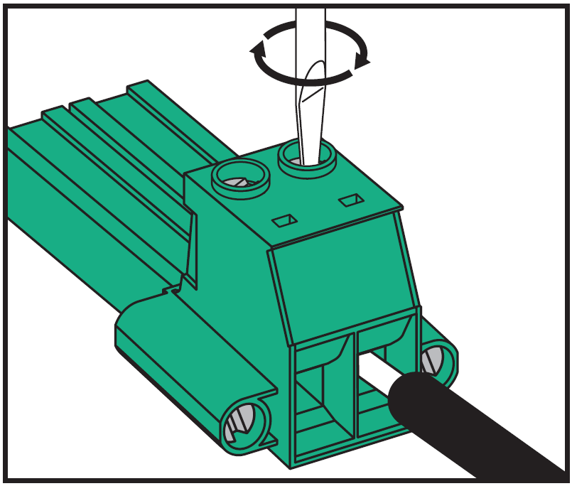 A technical diagram illustrating the final step of securing a wire conductor into a 2-pin green Euroblock/Phoenix terminal connector:  Wire Connection: An insulated wire (black outer jacket with a white inner lead) is fully inserted into the right-hand front entry port of the green connector block.  Tightening Screw: A flathead screwdriver is positioned vertically into the corresponding top screw hole directly above the inserted wire.  Action Indicator: A circular two-way arrow around the screwdriver shank indicates turning the screw clockwise to clamp the internal metal plate down tightly onto the exposed wire conductor.