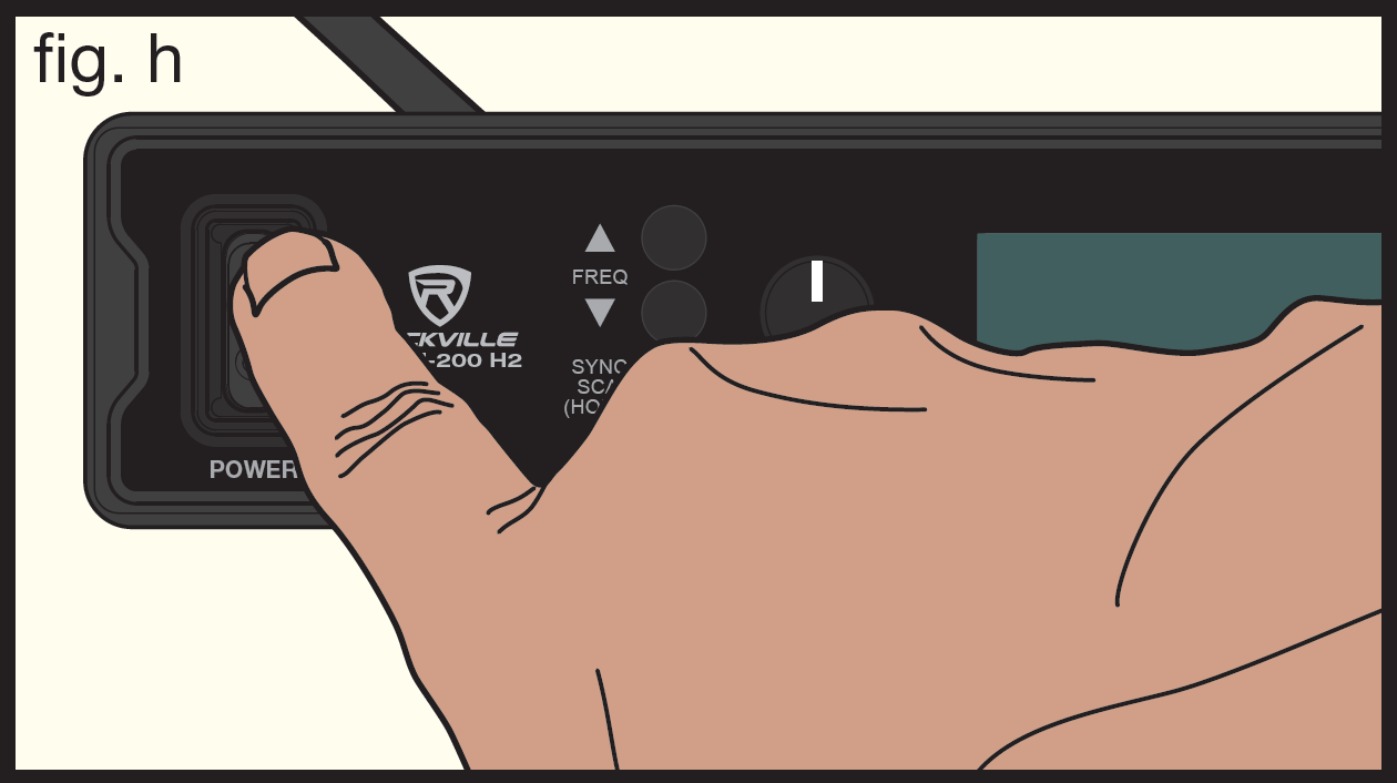 An illustration showing receiver power switch activation (fig. h):   Hand pressing the receiver front panel power switch  