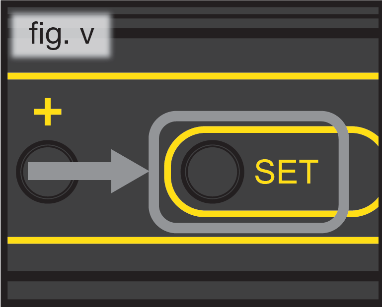 An illustration showing bodypack settings button navigation (fig. v):   Arrow pointing from gain button to SET button 