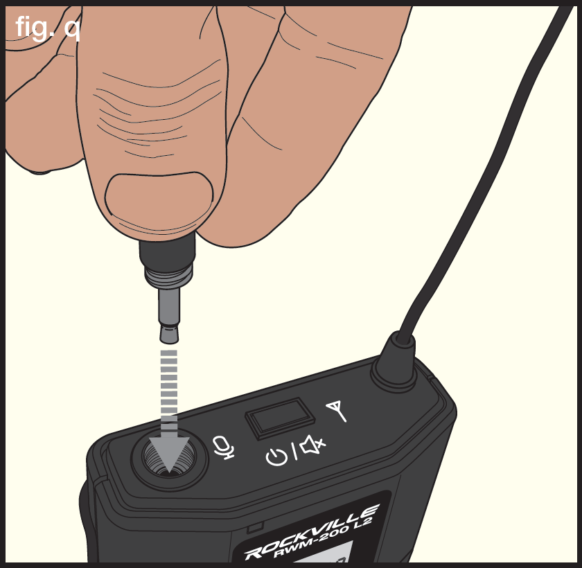 An illustration showing bodypack microphone connection step 1 (fig. q):   Hand inserting 3.5mm microphone connector into top jack of bodypack transmitter   