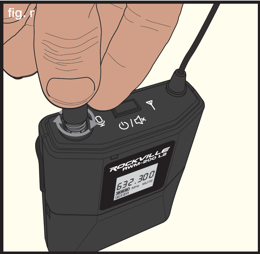 An illustration showing bodypack microphone connection step 2 (fig. r):   Hand tightening threaded collar on 3.5mm microphone connector