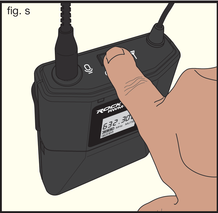 An illustration showing bodypack power activation (fig. s):   Hand pressing power switch on top of bodypack transmitter 