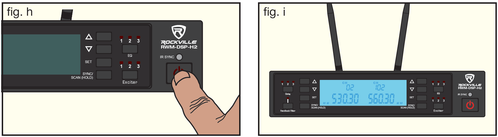 An illustration showing receiver power-on steps (fig. h and fig. i):    fig. h: Finger pressing the receiver power button    PNG  fig. i: Receiver front panel fully powered on with LCD display illuminated    