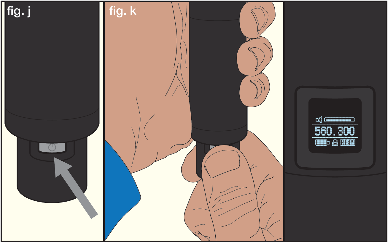 An illustration showing handheld microphone power-on steps (fig. j and fig. k):  fig. j: Arrow indicating power button at base of handheld microphone  fig. k: Thumb pressing power button at base and microphone display screen turning on