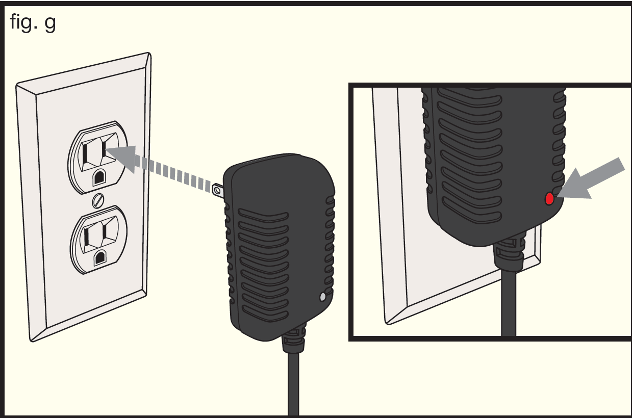 An illustration showing power adapter wall outlet connection (fig. g):  Power adapter plugging into AC wall outlet with close-up showing red power LED indicator illuminated