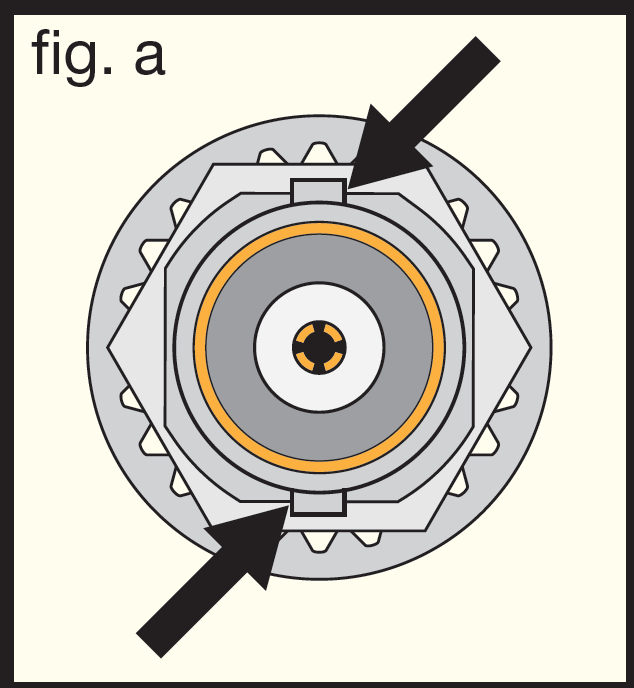 An illustration showing the alignment keyways for antenna installation (fig. a):  Alignment keyways indicated by top and bottom arrows