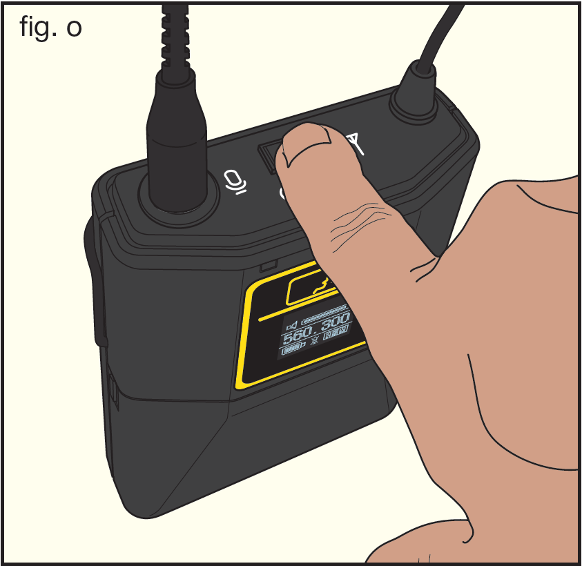 An illustration showing bodypack transmitter power-on step (fig. o):   Finger pressing top power/mute switch with front LCD display turning on 