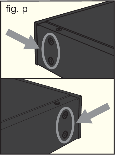 An illustration showing rack-mount screw hole locations on receiver chassis sides (fig. p):  Arrows pointing to side chassis mounting screws on left and right front corners