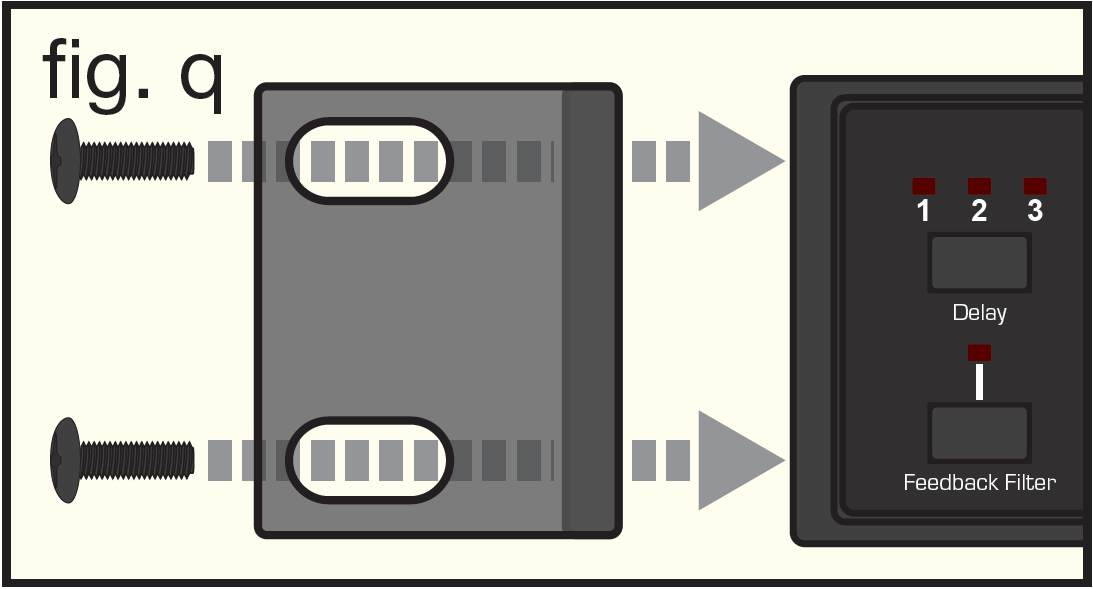 An illustration showing rack ears attachment to receiver side panel (fig. q):   Arrows showing screws securing rack ear bracket to receiver chassis side panel