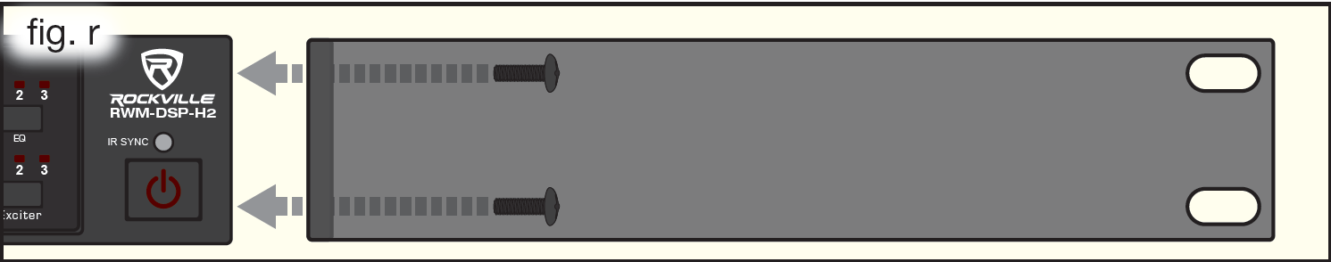 An illustration showing long rack ear extension plate attachment to receiver chassis side panel (fig. r):   Arrows showing screws securing extended rack ear plate to receiver side chassis 