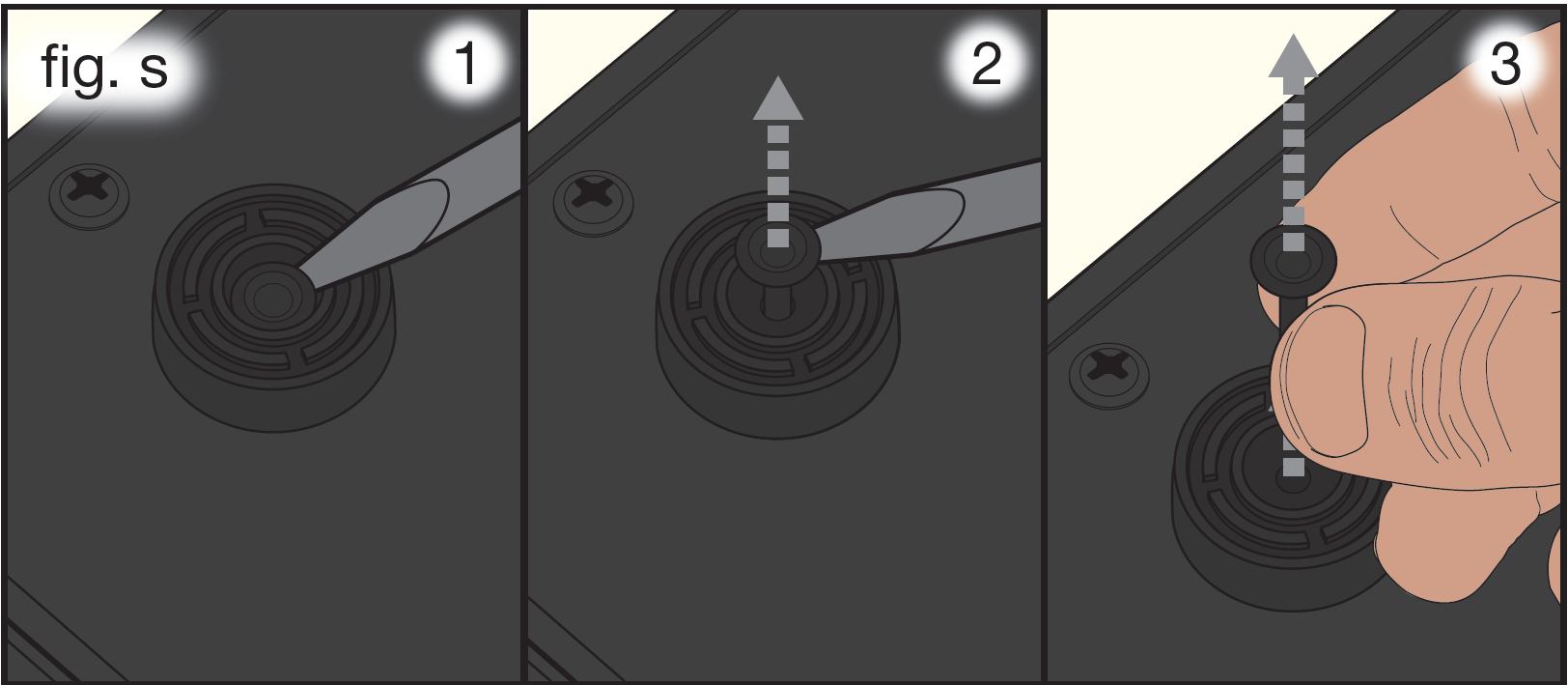 An illustration showing rubber foot pin removal steps (fig. s):   Screwdriver blade inserted under center pin head   Screwdriver prying pin upward   Hand pulling pin fully out of rubber foot   