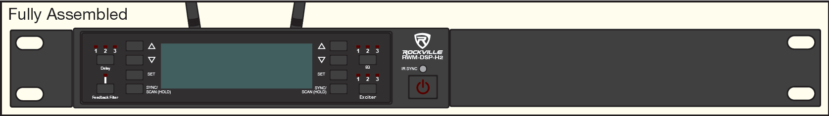An illustration showing single-receiver chassis with short and long rack ears fully assembled:  Receiver front panel configured with short rack ear attached to left side and extended blanking panel ear attached to right side