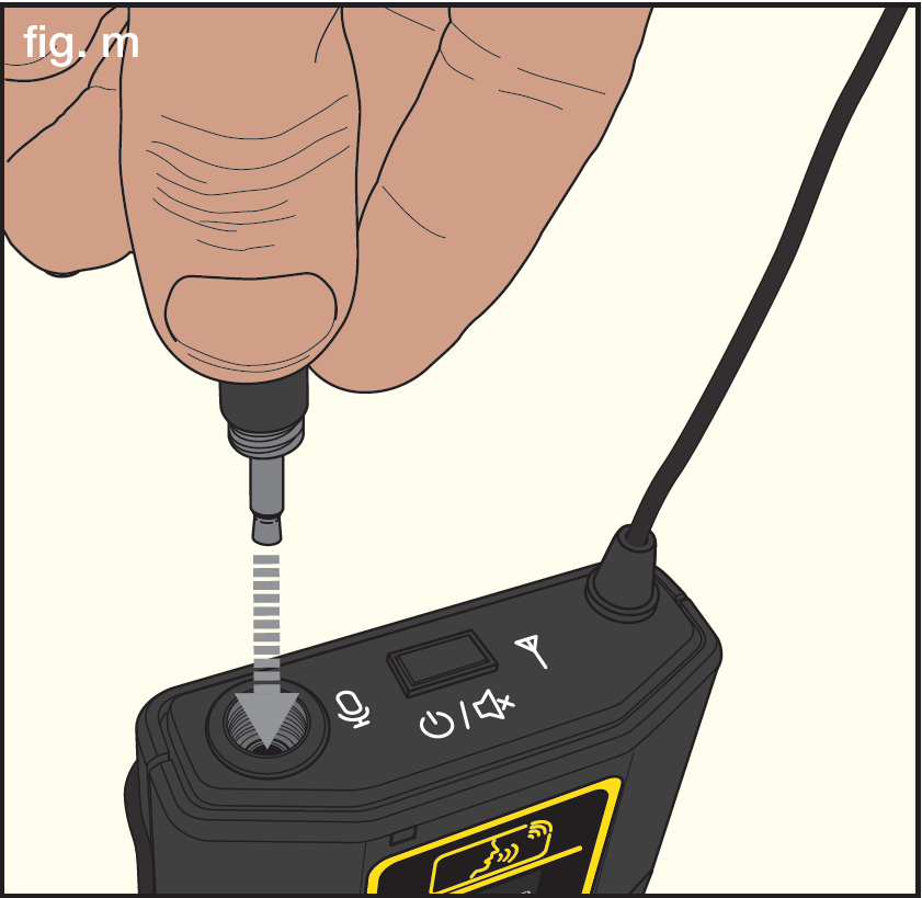 An illustration showing headset or lavalier microphone connection to bodypack transmitter (fig. m):  Arrow showing 3.5mm connector inserting into top microphone jack of bodypack transmitter