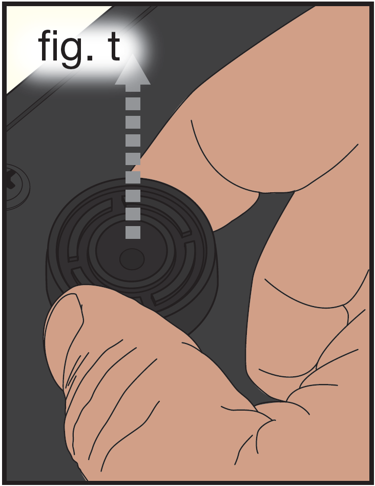 An illustration showing rubber foot insert removal steps (fig. s):  Screwdriver blade inserted beneath center pin of rubber foot  Arrow showing upward prying action lifting center pin  Fingers pulling center pin upward out from rubber foot base