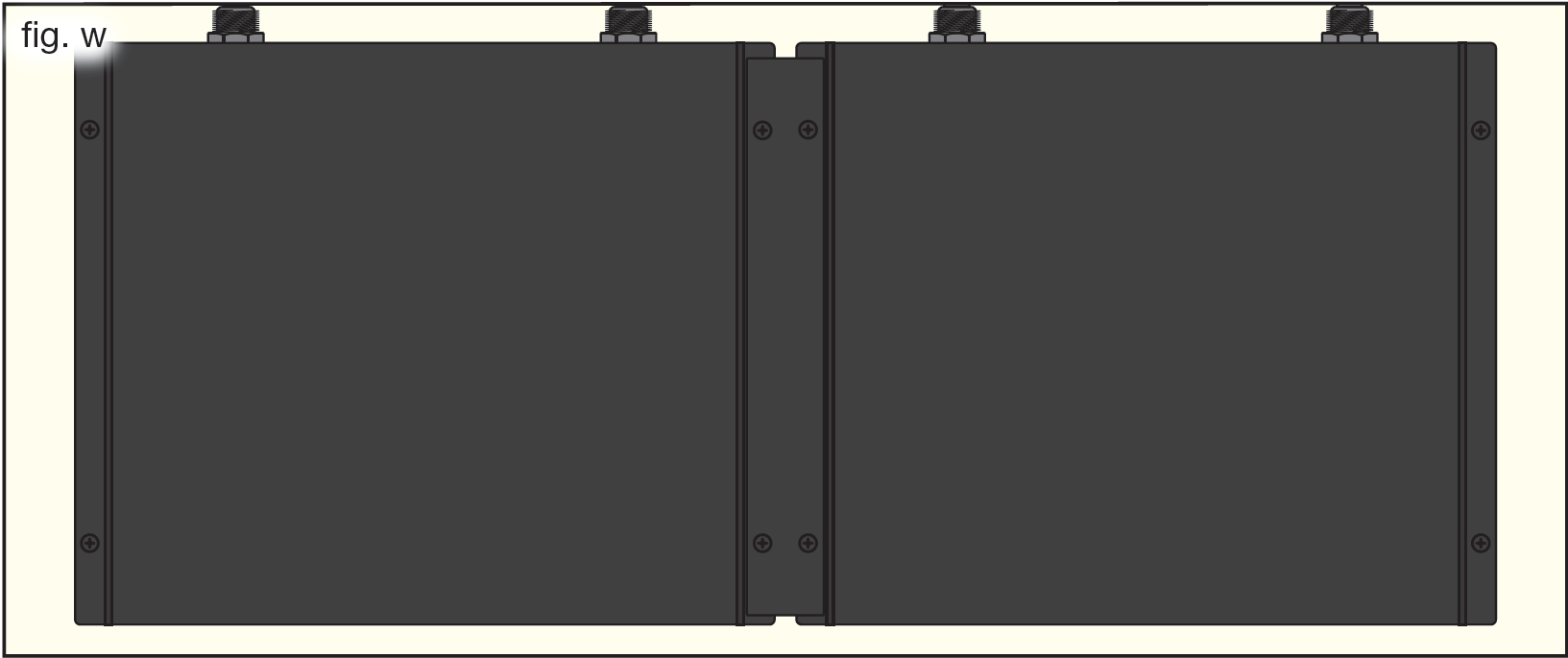 An illustration showing dual receiver chassis joining plate setup (fig. w):  Top view of two receiver units aligned side-by-side and connected together at center seam with top and bottom metal joining plates