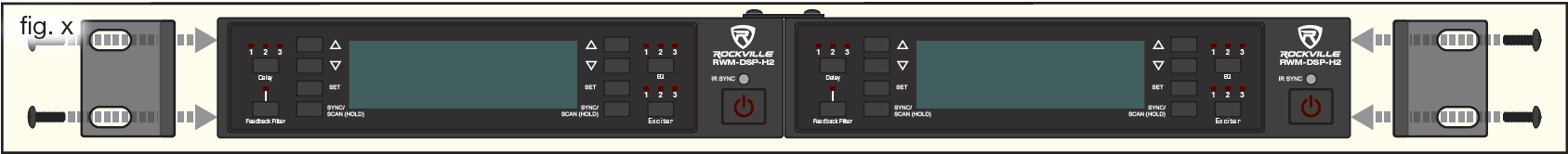 An illustration showing rack ear attachment for dual-mounted receivers (fig. x):   Arrows showing screws securing short rack ear brackets to outer left and right sides of joined dual-receiver chassis  