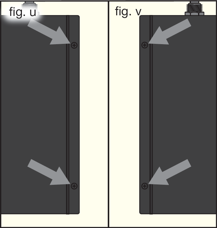 An illustration showing top chassis screw locations for dual receiver mounting (fig. u and fig. v):  fig. u: Arrows pointing to top outer edge screws on primary receiver chassis  fig. v: Arrows pointing to top outer edge screws on secondary receiver chassis