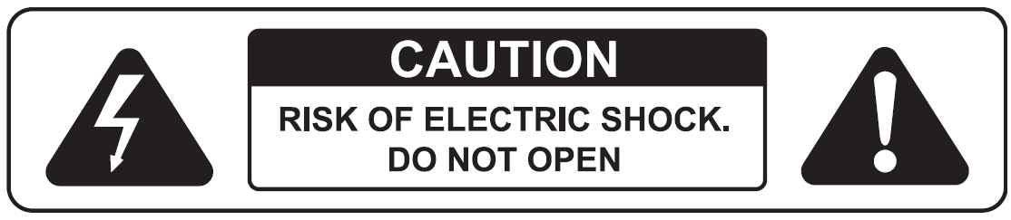 A standard electrical safety warning label enclosed in a rounded rectangular border:  Left Icon: A black triangle containing a white lightning bolt symbol indicating high-voltage electrical hazard.  Center Text Box: A central box with a black top banner reading "CAUTION" in white uppercase text. The white lower box reads "RISK OF ELECTRIC SHOCK. DO NOT OPEN" in black uppercase text.  Right Icon: A black triangle containing a white exclamation point symbol indicating a general safety hazard alert.