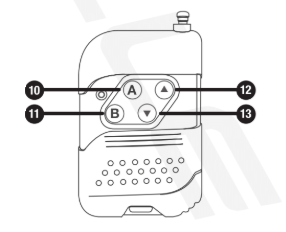 A technical diagram of a handheld wireless RF remote controller keyfob, featuring a top telescoping antenna and numbered callouts for control buttons:  10. Button A: Top-left circular button labeled A, used to trigger primary fog/haze bursts or engage continuous output.  11. Button B: Bottom-left circular button labeled B, used to stop output or toggle secondary functional modes.  12. Up Arrow Button: Top-right circular button featuring an Up Arrow icon, used to increase haze output volume or fan speed.  13. Down Arrow Button: Bottom-right circular button featuring a Down Arrow icon, used to decrease haze output volume or fan speed.