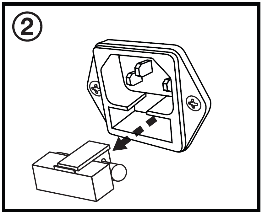 A diagram showing the second step of replacing a fuse: sliding/removing the fuse holder tray out from the IEC power socket to reveal the fuse.
