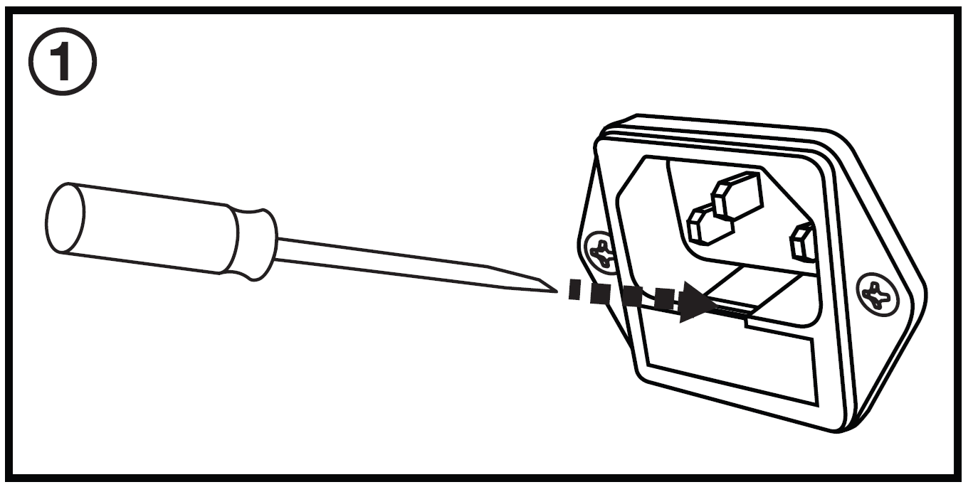 A line-art diagram showing a small flat-head screwdriver being inserted into the slot of an IEC power socket's fuse drawer to pry it open.