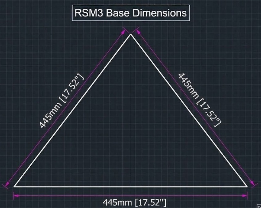 Dimensional CAD diagram titled RSM3 Base Dimensions displaying an equilateral triangular footprint measuring 445 mm or 17.52 inches on all three sides.
