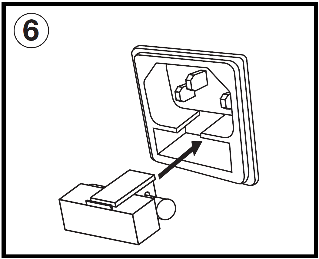 A diagram showing step 6 of replacing a fuse: sliding the fuse holder tray back into the IEC power socket.