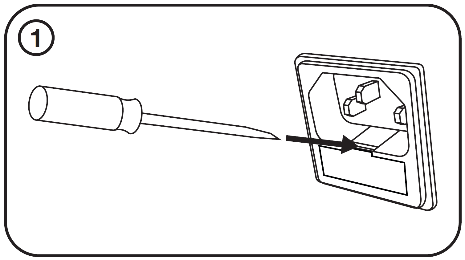 A line-art diagram showing a small flat-head screwdriver being inserted into the slot of an IEC power socket's fuse drawer to pry it open.