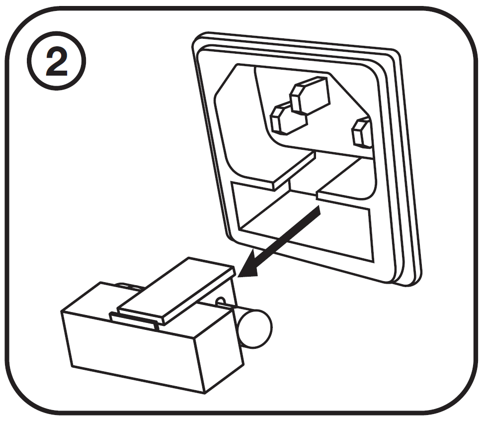A diagram showing the second step of replacing a fuse: sliding/removing the fuse holder tray out from the IEC power socket to reveal the fuse.
