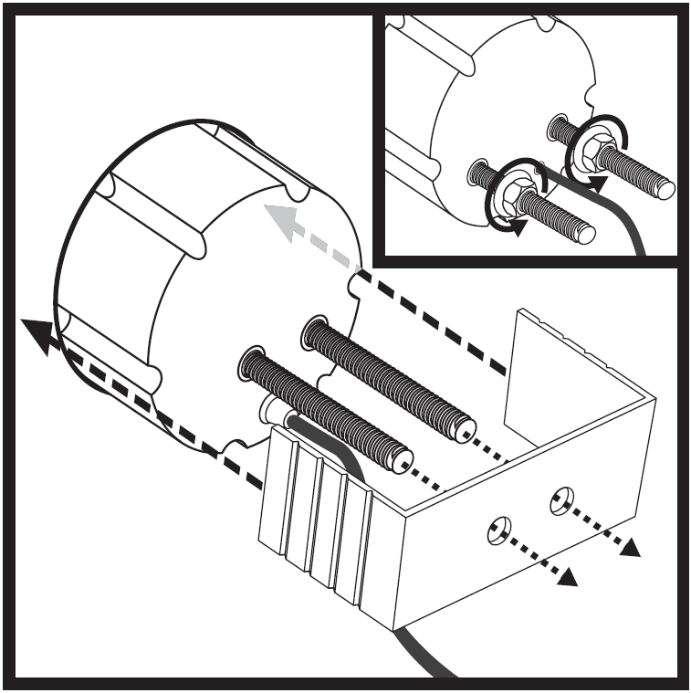 An illustration showing remote control installation step: - Diagram showing U-bracket placement onto rear threaded posts and nut attachment