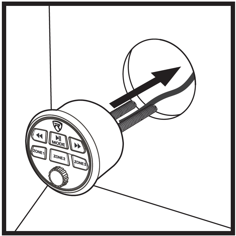 An illustration showing remote control installation step : - Arrow indicating insertion of remote control into circular mounting hole