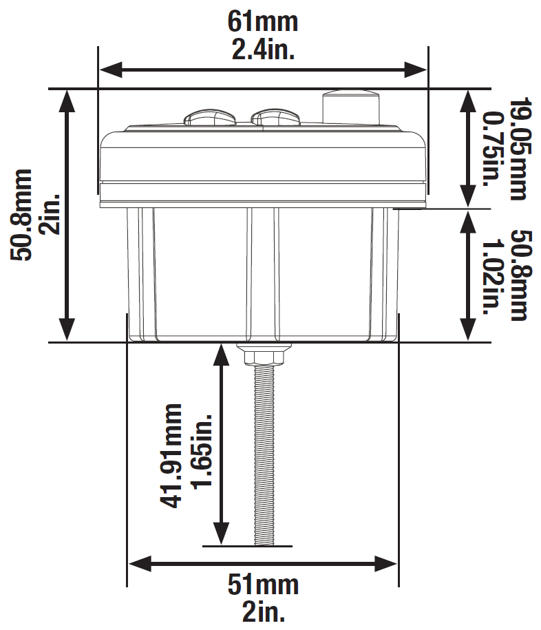 An illustration showing remote control dimensions:  Diagram indicating face diameter of 61mm (2.4in.), mounting cutout diameter of 51mm (2in.), body depth of 50.8mm (2in.), and threaded post length of 41.91mm (1.65in.)