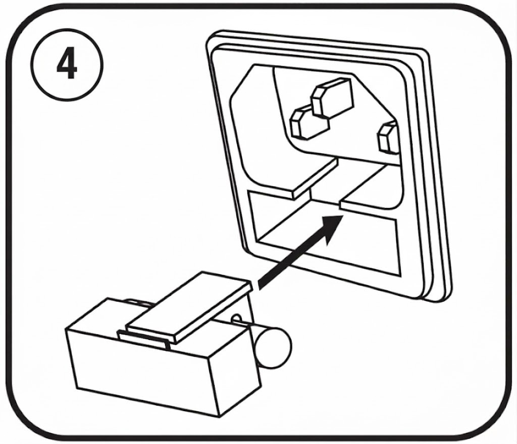 A diagram showing step 4 of replacing a fuse: sliding the fuse holder tray back into the IEC power socket.