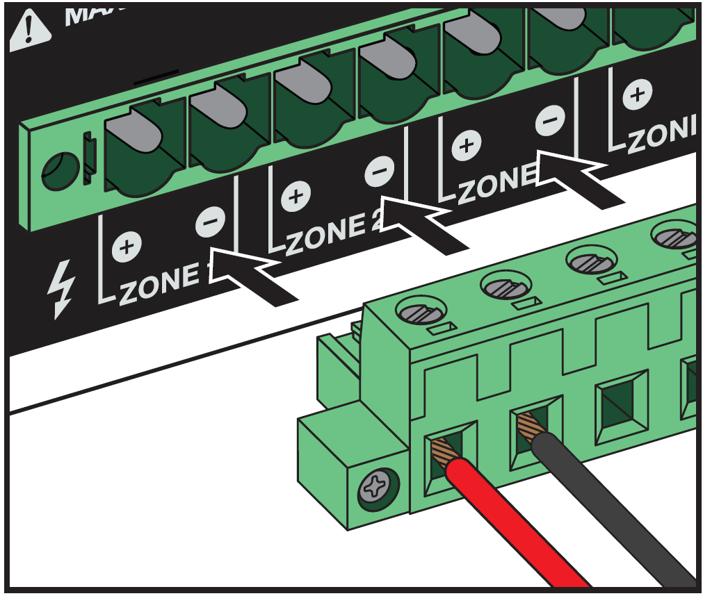 70V multi-zone speaker terminal wiring setup:   Terminal Connector: Removable Euroblock connector block shown detached and being wired.   Wiring Polarity: Red wire inserting into the positive (+) terminal and black wire inserting into the negative (-) terminal.   Zone Port Alignment: Black arrows indicating installation into the corresponding zone slots (ZONE 1, ZONE 2, etc.) on the amplifier back panel. 