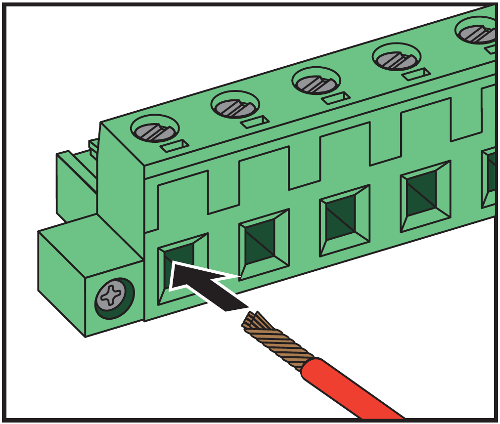 line drawing illustration of Euroblock / Phoenix terminal block wiring:   A stripped and twisted bare copper wire lead positioned in front of a green 6-pin Euroblock terminal block, with a black arrow pointing directly into the open terminal slot to demonstrate inserting the wire. 