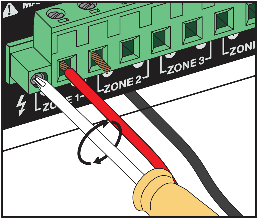  securing the Euroblock speaker terminal connector to the amplifier panel:Screwdriver Action: A screwdriver tightening the left mounting screw to lock the green Euroblock connector block into the amplifier chassis.   Wired Terminal Block: Red and black speaker wires inserted into the positive and negative terminals of ZONE 1.  